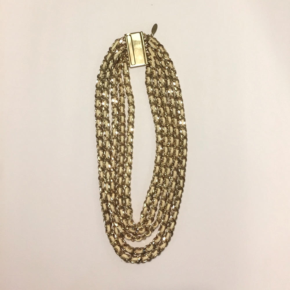🦚 Saachi Gold and White Leather Chain Necklace